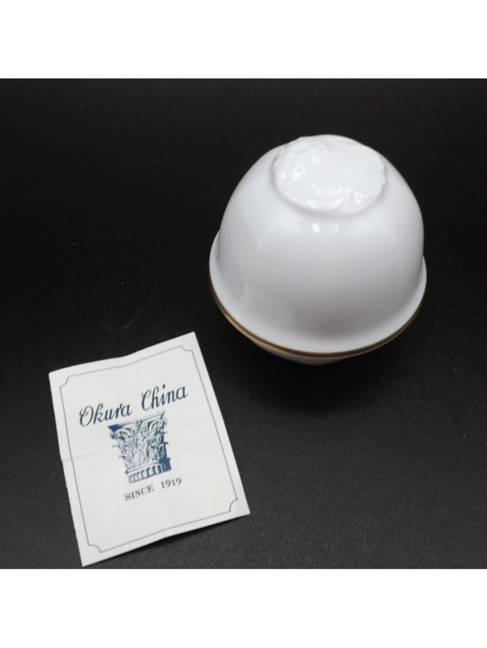 Okura China White Domed Trinket Box With Gold Trim Brochure Embossed Flower Lid